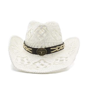 Cappello da cowboy intrecciato bianco con emblema testa di toro e fascia in cuoio