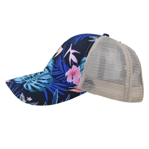 Navy floral baseball cap with pink hibiscus print and breathable cream mesh back