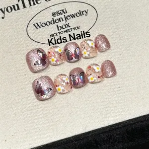 Handmade Press On Nails For Kids Cat Eye Effect Pink Glitter Butterfly Flower Patterns Non Toxic Decorative Manicure Art