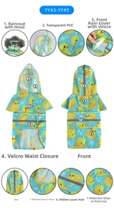 Detail view of dog raincoat featuring reflective strips and hooded visor with duck patterns