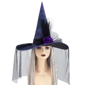 Chapeau de sorcière gothique violet avec voile noir, roses et plumes pour Halloween