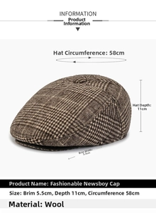 Detailed size specifications for the vintage wool plaid newsboy cap with brown pattern