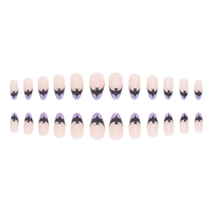 Faux ongles amande Halloween avec dégradé rose, pointes French violettes et motifs chauve-souris