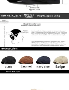Detail of cotton newsboy cap showing specifications, 6cm brim, and 78.6g weight metrics