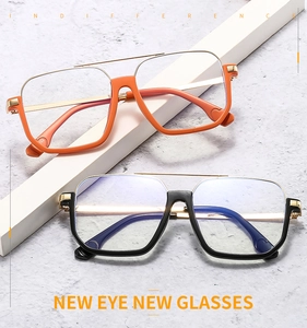 Detail view of stylish square dual-beam frames in orange and black on modern display