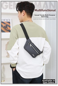 Detail view of durable canvas waist bag with SPORT logo and secure zipper compartments