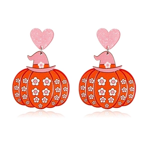 Halloween pumpkin earrings with pink wizard hats and floral patterns on white background