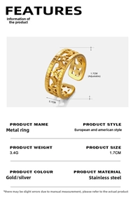 Detailed size chart for stainless steel moon star ring with adjustable diameter