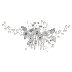 Elegant bridal hair comb with handmade white clay flowers and shimmering crystal accents