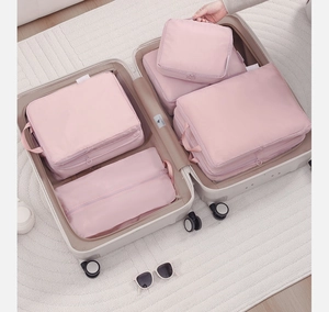 Pink travel luggage organizers neatly arranged inside an open suitcase for packing
