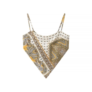 Detail of bohemian paisley print camisole in yellow silk fabric with handkerchief hem