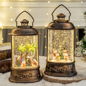 Vintage Christmas snow globe lantern with snowman and nativity scene in warm light