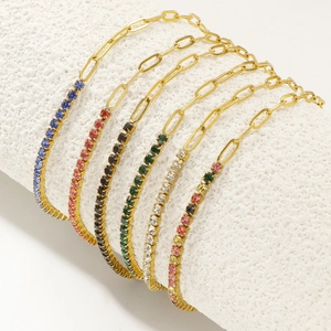 Luxurious titanium steel bracelets set with colorful cubic zirconia and paperclip chains