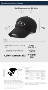 Detailed size chart for the black cotton baseball cap showing cap depth and brim measurements