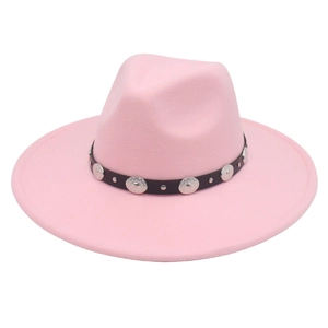 Detailed shot of pink felt fedora with a black band and silver metal stud accents
