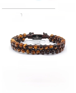 Détail de perles œil de tigre 6mm avec fermoir gravé ajustable en acier inoxydable