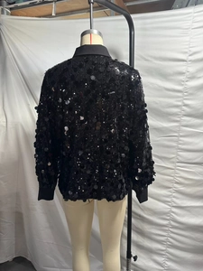 Back view of a long-sleeved black sequin shirt with lapel collar for women parties