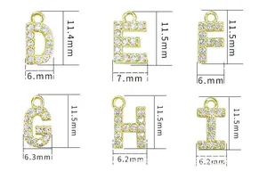 Detailed size measurement of gold square letter pendants with zircon inlay