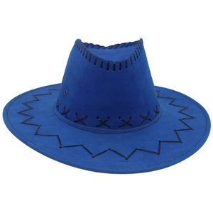 Detail of royal blue faux suede cowboy hat with black decorative stitching and eyelets