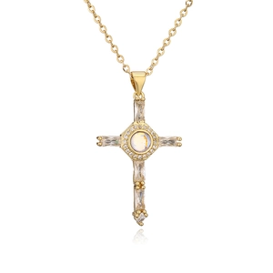 18K gold plated necklace with zircon cross pendant and moonstone center on white background