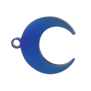 Macro view of a blue crescent moon pendant made of polished titanium steel metal