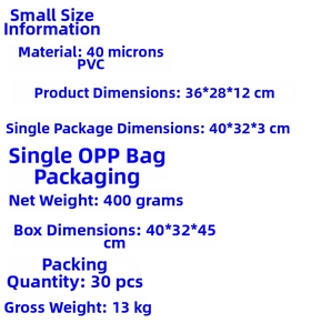 Detailed technical specifications for clear PVC backpack including size and 400g weight