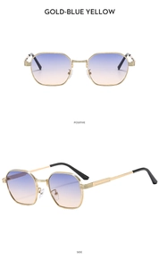 Detailed views of gold metal sunglasses with blue-yellow gradient polygonal lenses