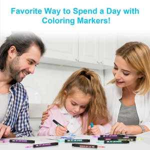 Family using metallic outline markers for colorful drawing in a bright room