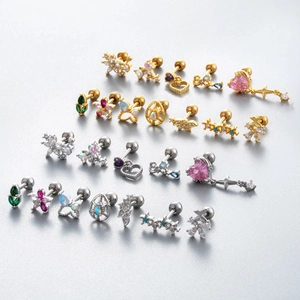 Set of copper-plated heart and flower cartilage studs with sparkling cubic zirconia