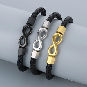Men's triple infinity leather bracelet set with matte black silver and gold metal accents