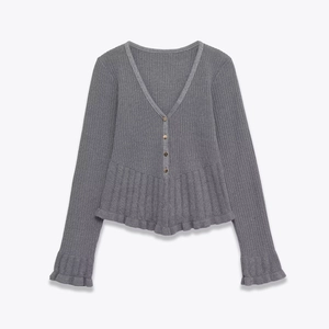 Women's V-neck long sleeve grey knit cardigan with tiered ruffles and fishtail hem