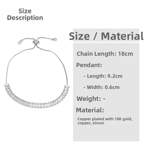 Detailed size specifications for a silver slider bracelet with baguette-cut zircons