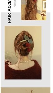 Detailed view of handmade knitted cherry hair claw clip on model's hair, aesthetic style