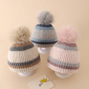 Kids Striped Knitted Beanie Hat Acrylic With Faux Fur Pom Pom Fleece Lined Warm Winter Outdoor For Boys Girls