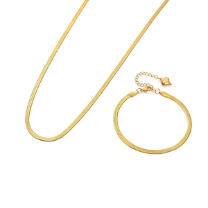Minimalist 18K gold snake bone chain necklace and bracelet set with heart charm