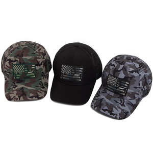 Tactical baseball cap with American flag patch and breathable mesh in various camo patterns