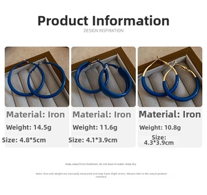 Detailed specs of three types of Klein Blue round hoop earrings in polished iron material