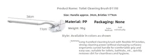 Detail view of a 34cm long-handled toilet brush with curved PP handle and dimensions