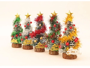 Miniature Christmas trees in five colors with star toppers and Merry Christmas signs