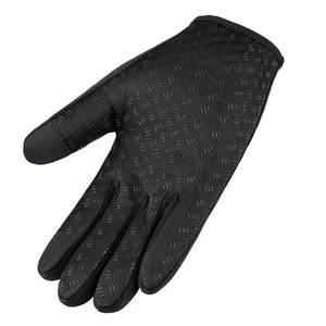 Detailed palm view of black windproof cycling gloves with anti-slip grip and touch screen tips