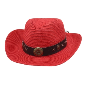 Red straw western cowboy hat with brown leather band and vintage metal floral buckle