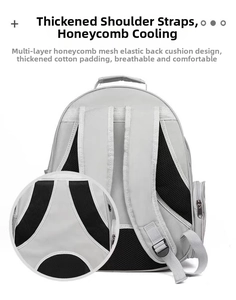 Detail of padded shoulder straps and honeycomb breathable back padding on pet backpack