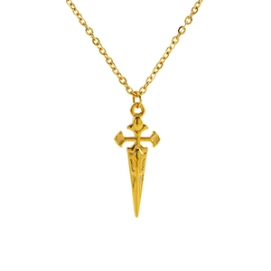 Minimalist gold vintage cross pendant necklace in stainless steel on white background