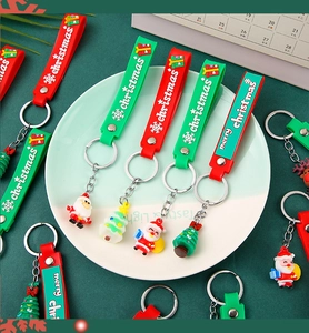 Christmas keychain detail featuring Santa and tree charms with red and green wrist straps