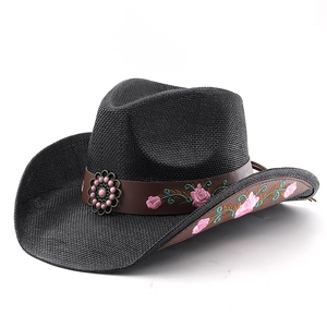 Black straw cowboy hat with embroidered floral band and pink beaded retro metal buckle