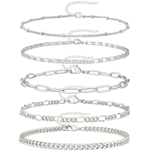 Ensemble de 5 bracelets de cheville en métal argenté avec mailles Cuban et Figaro
