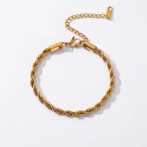 Detail of 4mm 18k gold plated stainless steel rope chain bracelet with lobster clasp