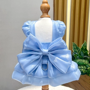 Detail of light blue pet princess dress with large bow and metal D-ring for leash