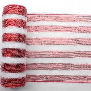 Red and white striped Christmas deco mesh roll with silver metallic foil for gift wrapping