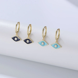 Vintage gold s925 silver evil eye drop earrings with blue enamel and zircon stones